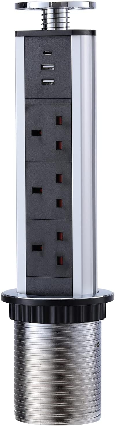 Pull Pop Up Power Sockets for Kitchen Worktops Electrical Plug Socket with 1 Type-C & 2 USB Charging Ports, Chrome Plated