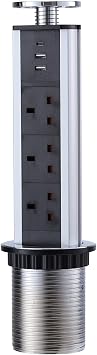 Pull Pop Up Power Sockets for Kitchen Worktops Electrical Plug Socket with 1 Type-C & 2 USB Charging Ports, Chrome Plated