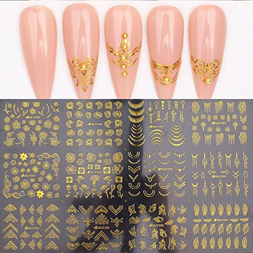 Gold Flowers Nail Stickers Decals,3D Gold Metal French Line Nail Supplies Golden Lace Leaf Flower Line Acrylic Nail Designs Diy Manicure Decoration For Women Girls #TOP2
