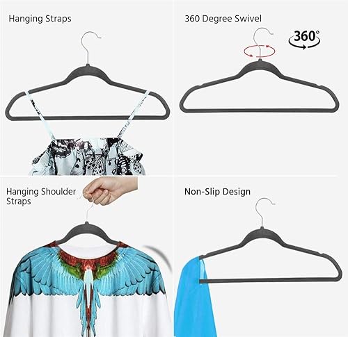 Miniatura 4 de Yaheetech Perchas de terciopelo para ropa, delgadas y antideslizantes, perchas para trajes que ahorran espacio, paquete de 200, color gris