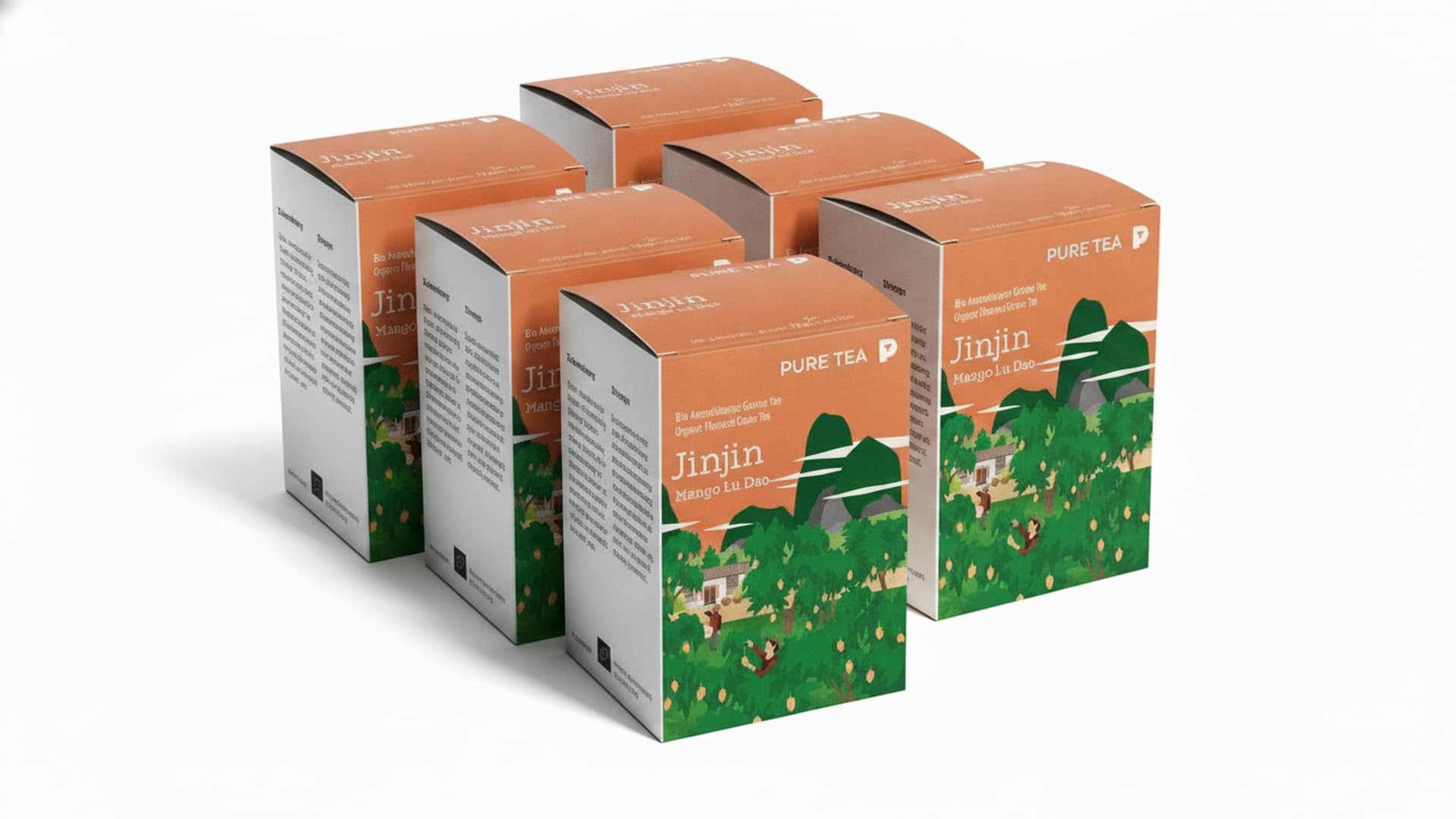 6 x PURE TEA Jinjin Grüner Tee Mango Lu Dao, aromatisierter Premium Grüntee in flachen Kissenbeuteln, je 15 x 3 g, einzeln verpackt, Dispenserbox 12 x 9 x 9 cm, glutenfrei