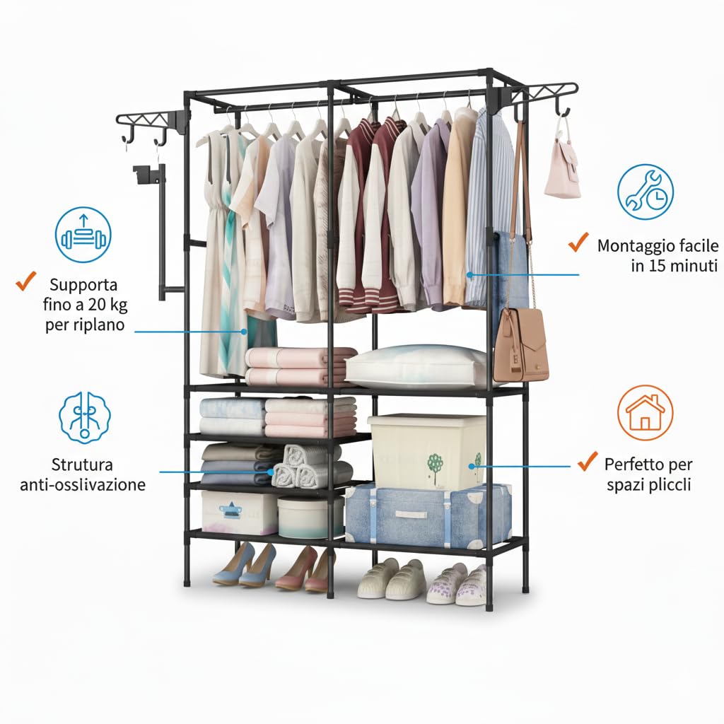Scaffale Appendiabiti con Struttura in Metallo e Ripiani in Stoffa 108x36x170 cm – Armadio Aperto con Barra per Vestiti, Mensole Portaoggetti e Ganci Laterali – Organizer Salvaspazio per Camera
