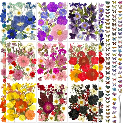 Image of 303Pcs Dried Pressed Flowers for Crafts, Dried Pressed Flowers for Resin, Natural Dried Flowers Kit with 80pcs Butterfly Stickers for DIY Resin Molds, Candles, Photo Frames, Jewelry Making, Art Crafts