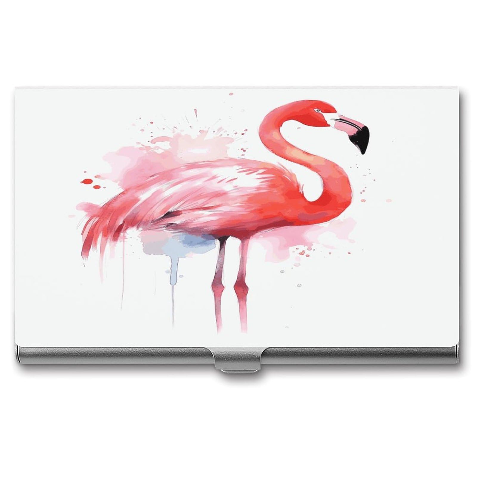 LDGSUPH Pink Flamingo Watercolor Business Card Holder Fashion Slim Name Card Holder Minimalist Design Case Metal Card Carrier Personalized Business Card Case with Flip for Men Women