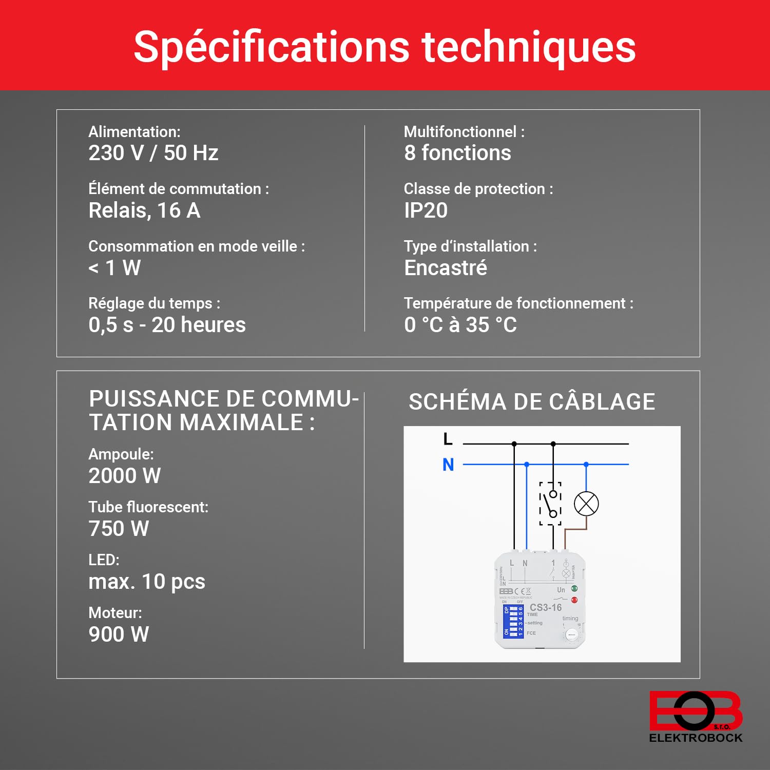 ELEKTROBOCK CS3-16 Interrupteur temporisé| Relais temporisé 230 V 16 A | Relais Multifonctionnel avec 8 Fonctions | Commande de Ventilateurs et de Pompes de Circulation