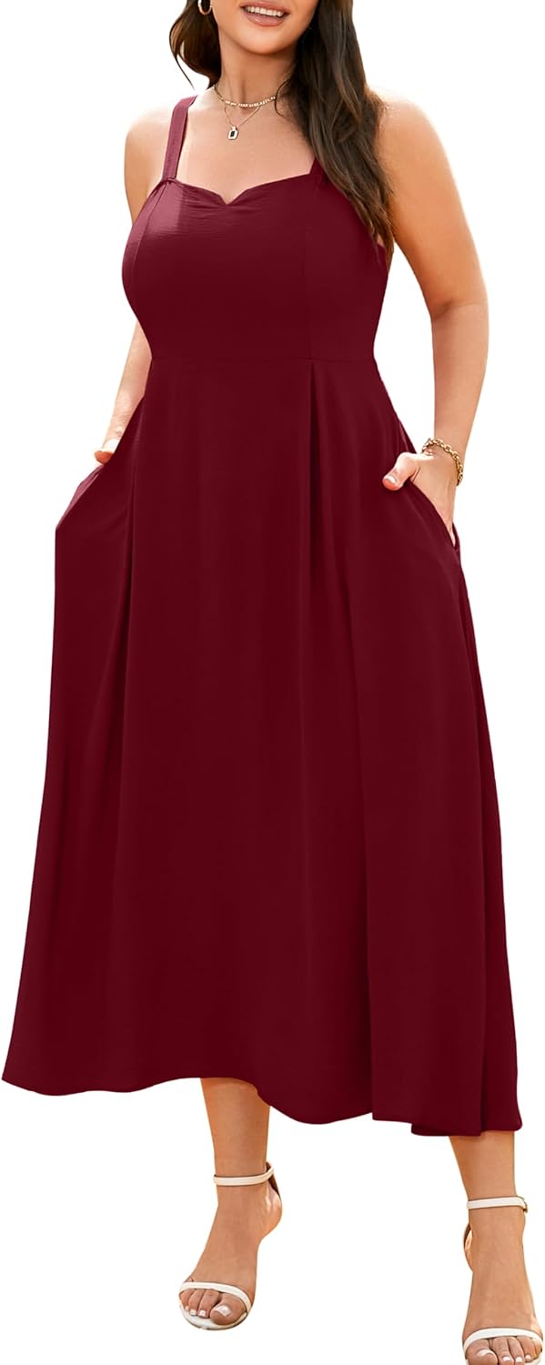 RWJ Women's Plus Size Dresses with Pockets V-Neck Sleeveless Maxi Dress for Wedding Guest Dress Formal Cocktail