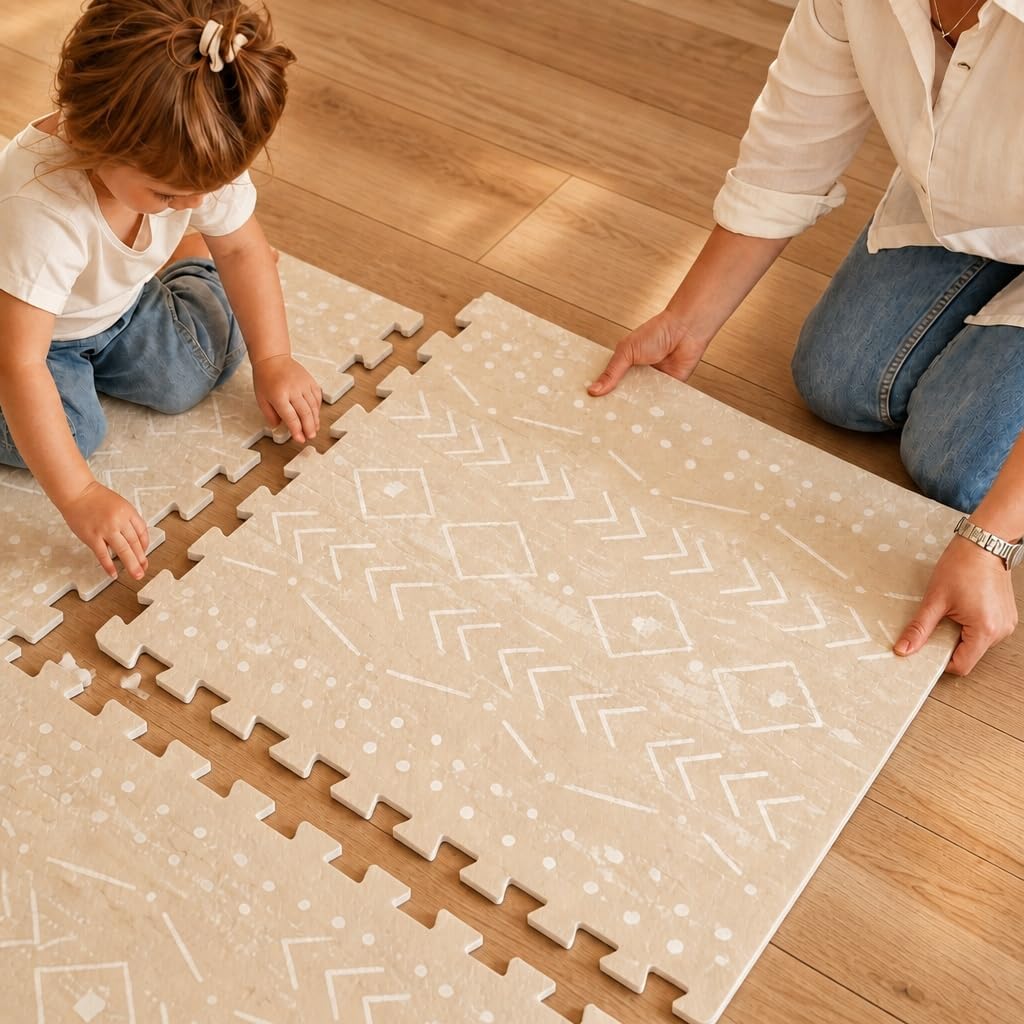 Lillefolk Baby Play Mat for Floor – 6x6ft Beige | Soft Non Toxic Premium EVA Foam Tiles for Tummy Time, Crawling & Playroom – Waterproof for Hard Floors Mat for Babies & Toddlers (9 Tiles)