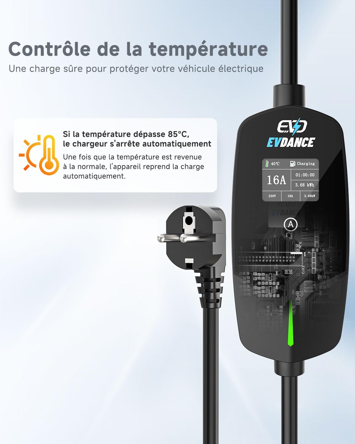 EVDANCE Chargeur Voiture Electrique 3,68KW, 6-16A, 0-12h Programmable, 6,1m | 6-16A Intensité Réglable, 0-12h Charge Différé, Câble Recharge Voiture Électrique Type 2, Étanche IP66, pour EV IEC 62196-2