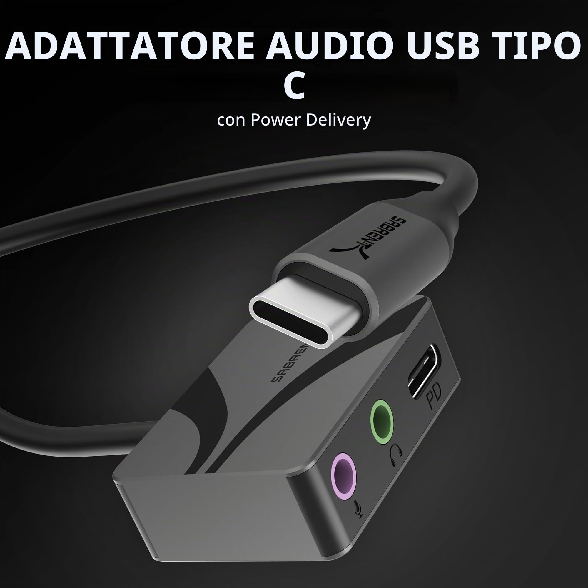SABRENT Adattatore audio da USB di tipo C a 3,5 mm con PD da 100 W, scheda audio esterna USB C per cuffie, microfono, altoparlanti, uscita stereo, 24 bit, 96 KHz, compatibile con laptop, tablet