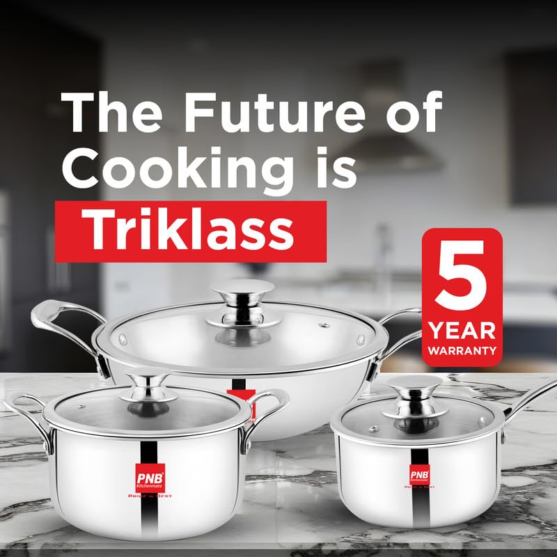 Image of PNB Kitchenmate Triply Cookpot with Glass Lid, 24cm, 5.5 LTR, 2.5mm Extra Thick Stainless Steel Casserole, Induction & Gas Compatible, 5 Years Warranty, Silver