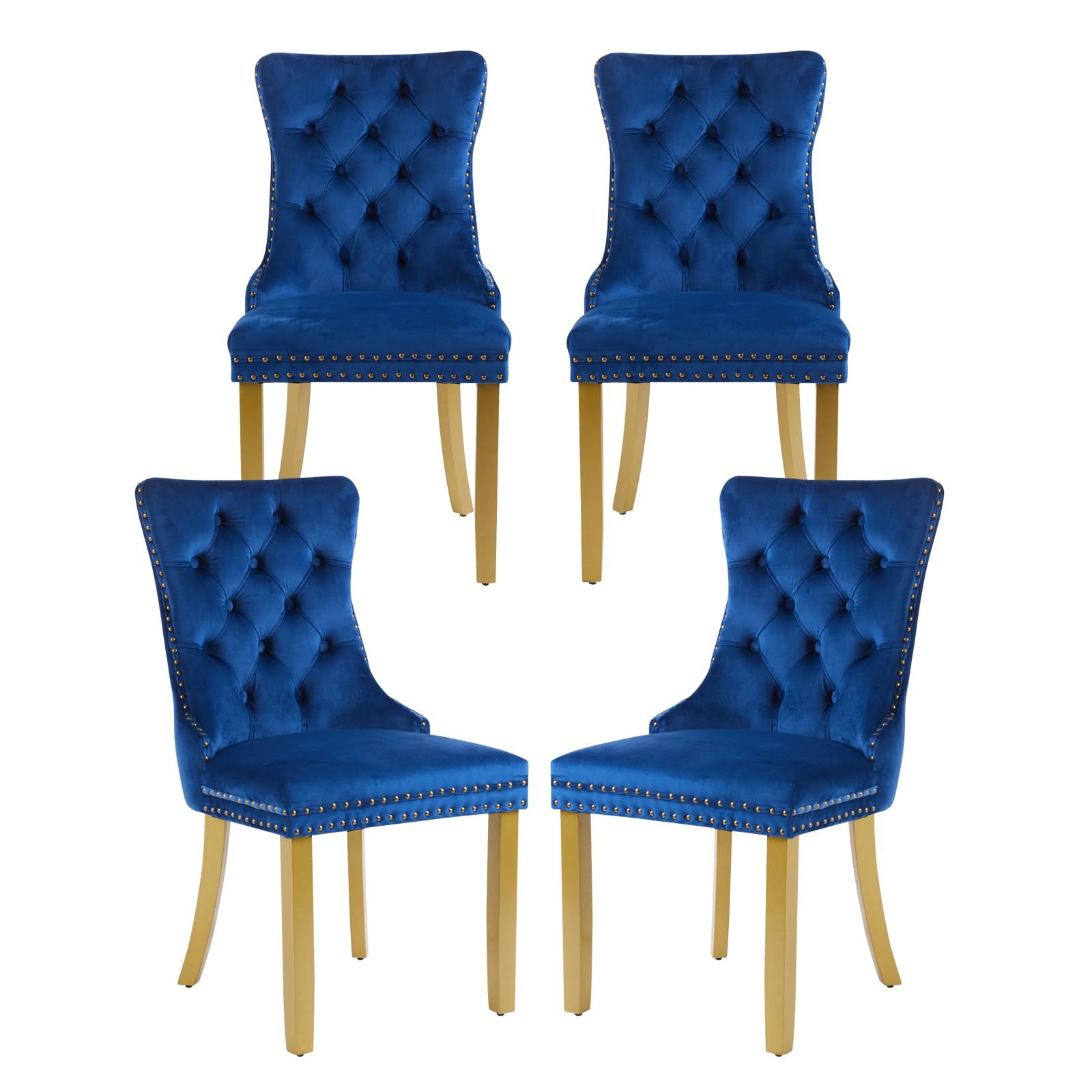 MZDOO Velvet Dining Chairs Set of 4, Upholstered Dining Room Chairs with Lion Head Pulls Ring and Golden Solid Wood Legs, Modern Button Tufted Kitchen