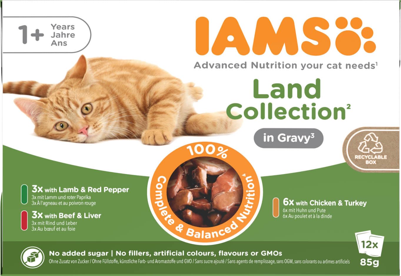 IAMS Delights Land Collection Katzenfutter Nass - Multipack mit Fleisch Sorten (Lamm, Rind, Huhn & Pute) in Sauce, Nassfutter für Katzen ab 1 Jahr, 12 x 85g