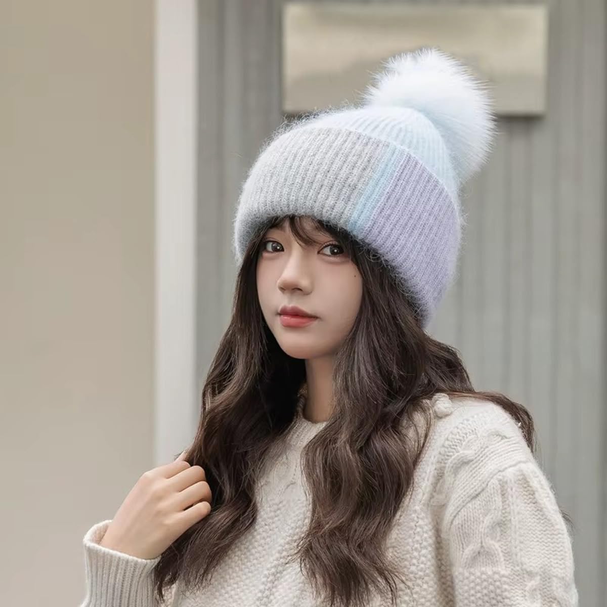 Gorros de Invierno cálidos con pompón Esponjoso, Gorro de Calavera con puños Suaves y acogedores para Mujer