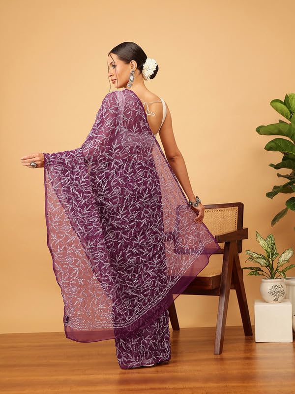 Image of Ada Hand Embroidered Lucknowi Chikankari Georgette Saree for Women with Unstitched Blouse Piece Tepchi Saree-3590