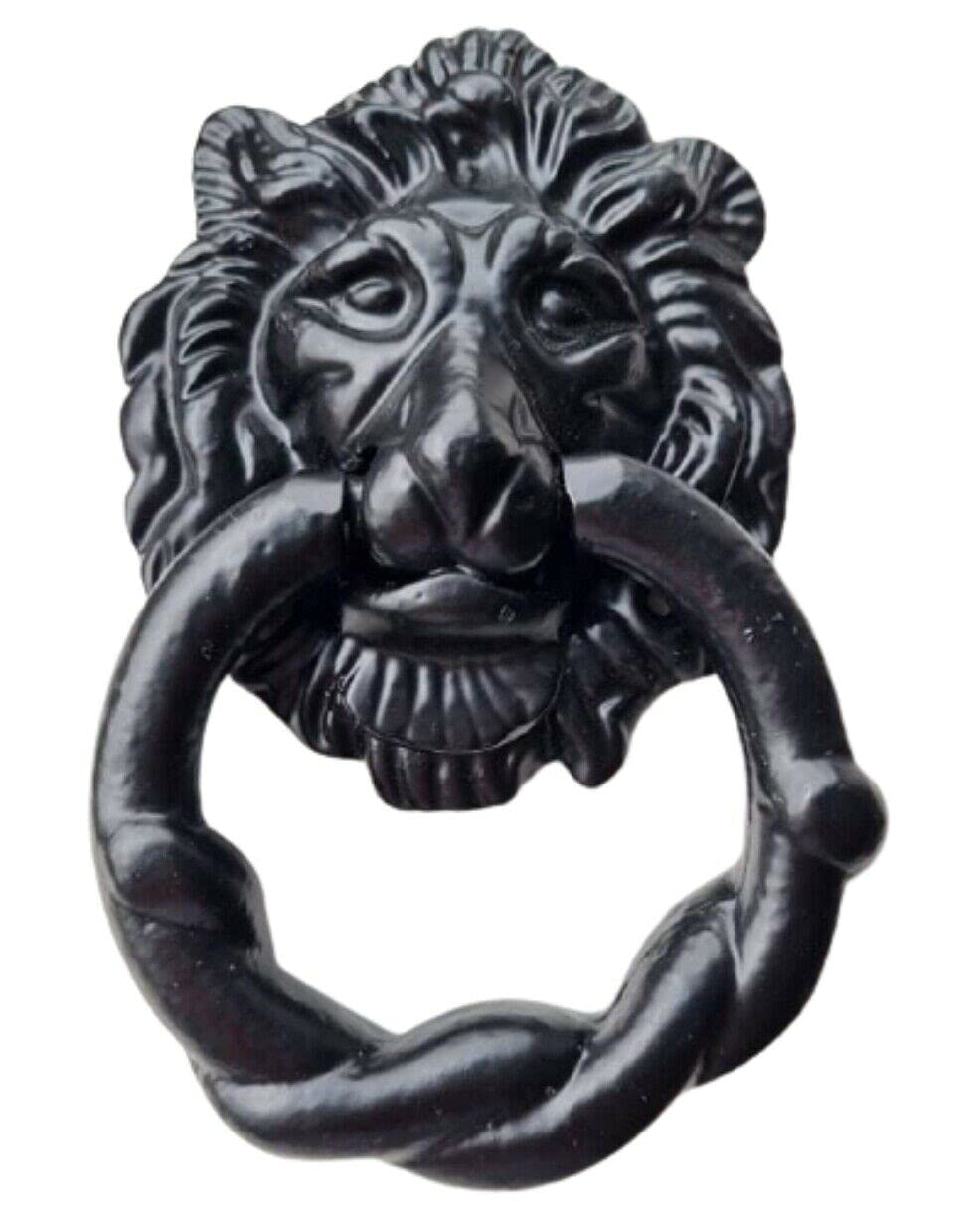 Haven Heritage - Lion Door Knocker in Black Antique Finish, Large, Fancy Ornate Iron Knocker for Front Door, Robust Door Furniture & External Accessories