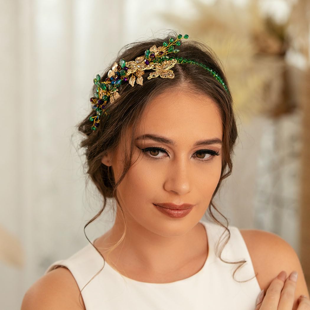 IYOU Bridal Wedding Headband Green Sparkly Crystal Hair Bands Butterfly Prom Bridesmaid Guest Hair Accessories for Women - Image 2