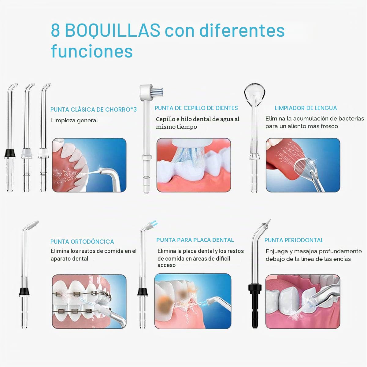 TUREWELL Irrigador Dental, Irrigador Bucal Professionale con 8 Boquillas Multifuncionales, Capacidad de 600ml, 10 Ajustes de Presión del agua, Limpieza Dientes Negro