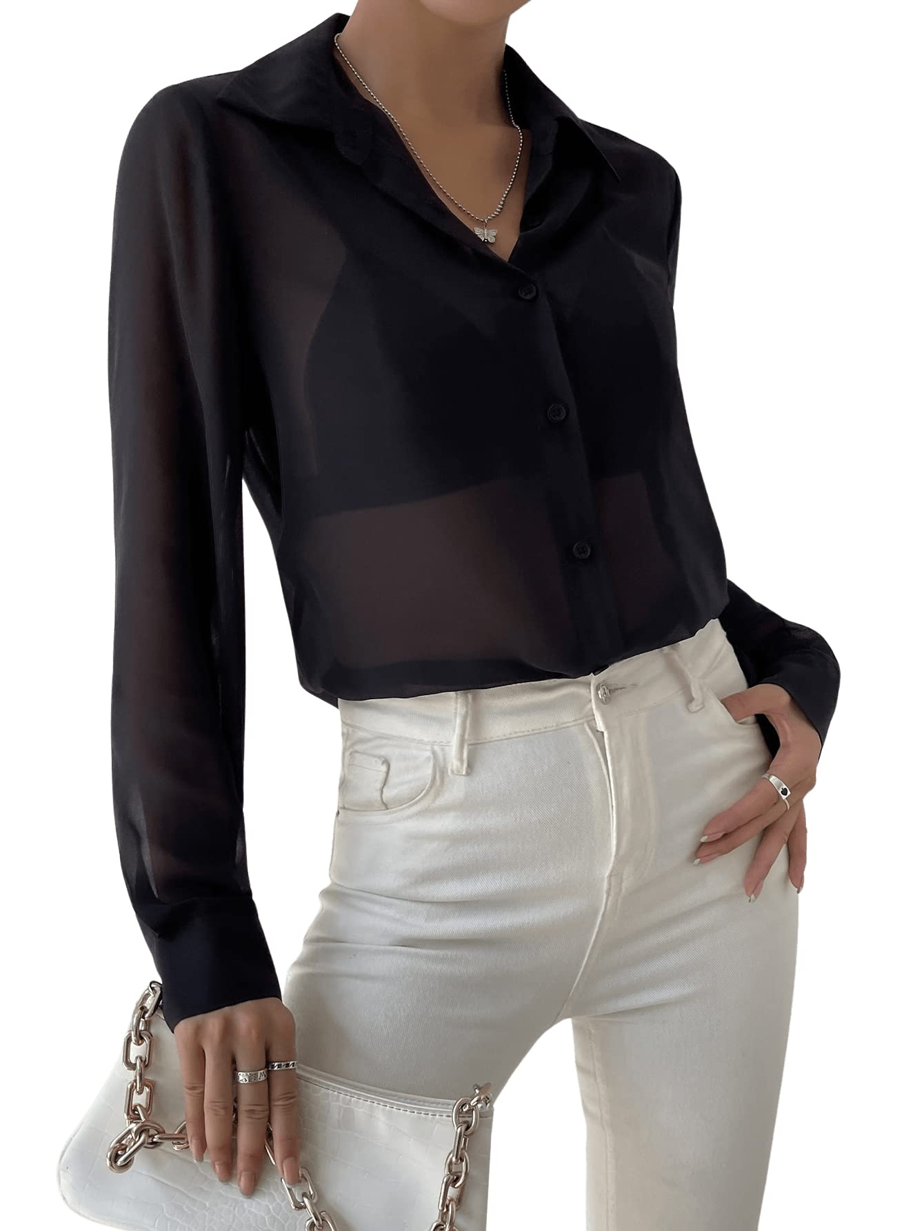 Verdusa Women's Sheer Mesh Button Up Shirt Long Sleeve See Through Blouse: X-Small Black