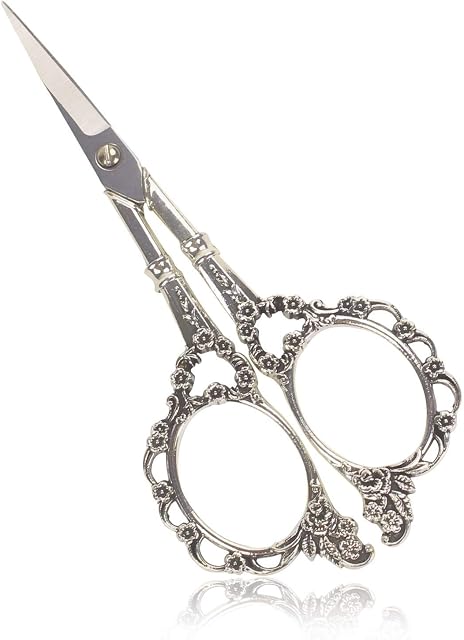 Amazon Brand - Eono Scissors Embroidery Scissors Sewing Craft Shear Crochet Scissors for Thread DIY Art Work Crafting Knitting Silver European Style Plum Blossom Scissors 4.5 inch
