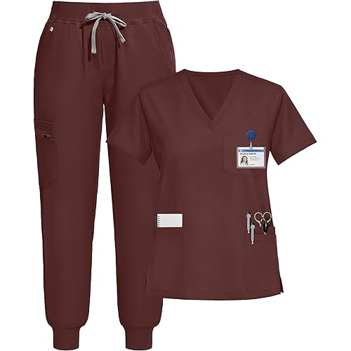Scrubs for Women Set, Stretchy V-Neck Top & Jogger Pants with Multi-Pocket Yoga Waistband