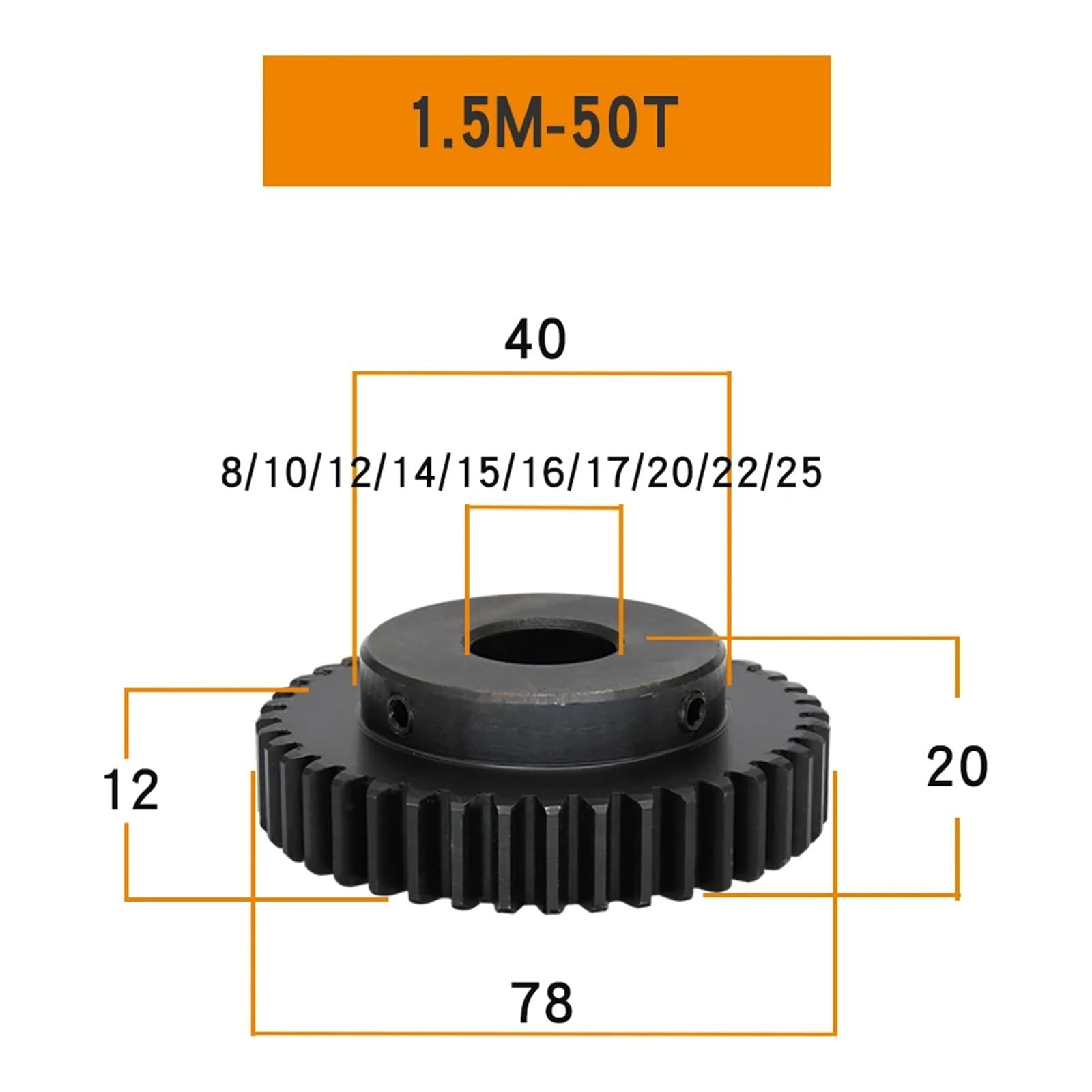 Engrenage 1,5M-50T, alésage 8/10/12/14/15/16/17/19/20/22/25 mm, épaisseur des dents 12, acier au carbone, 1 pièce(25 mm)