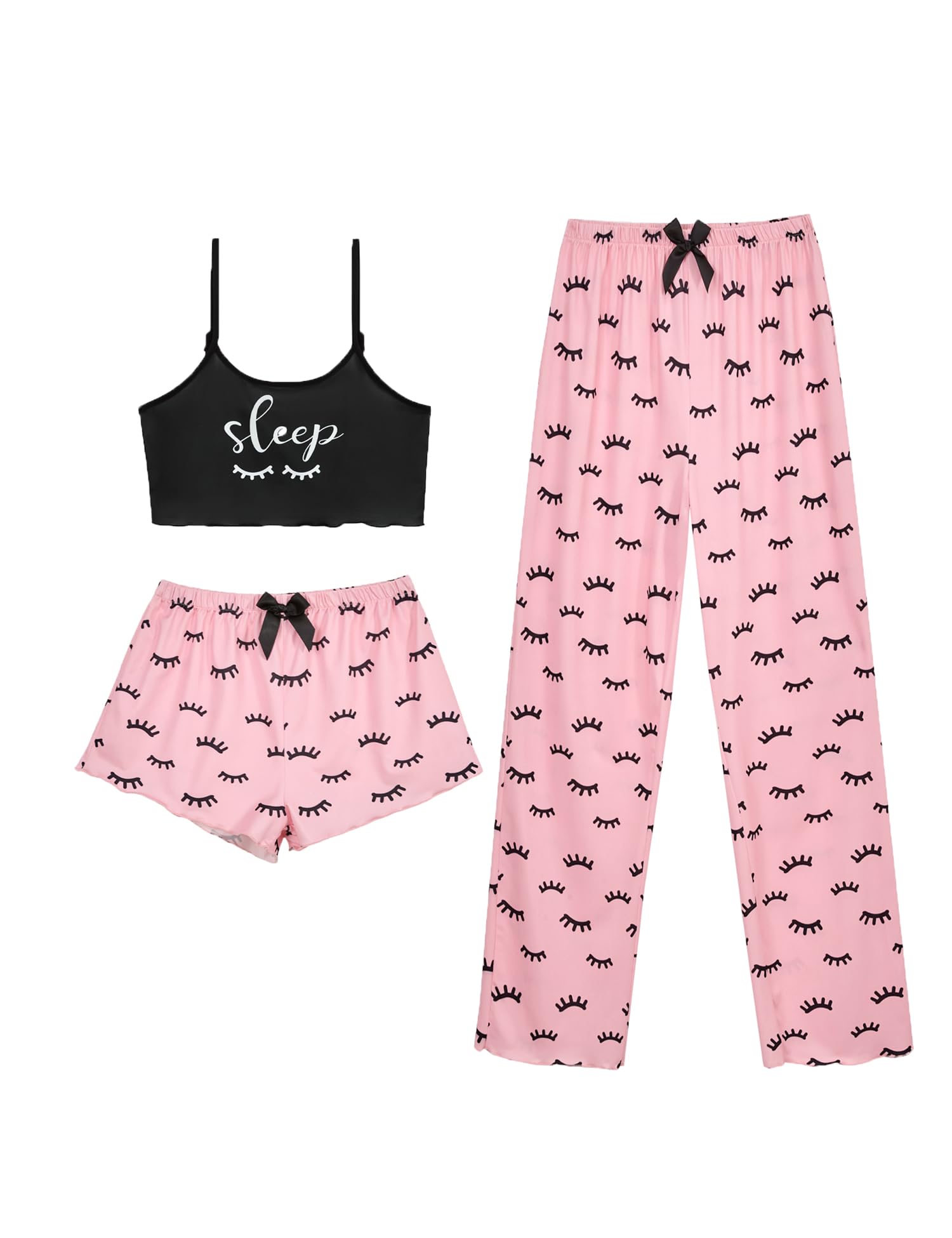 QLVKYW Womens Pajamas Set 3 Piece Sexy Cami Shorts and Pjs Pants Sleepwear Soft Lounge Set
