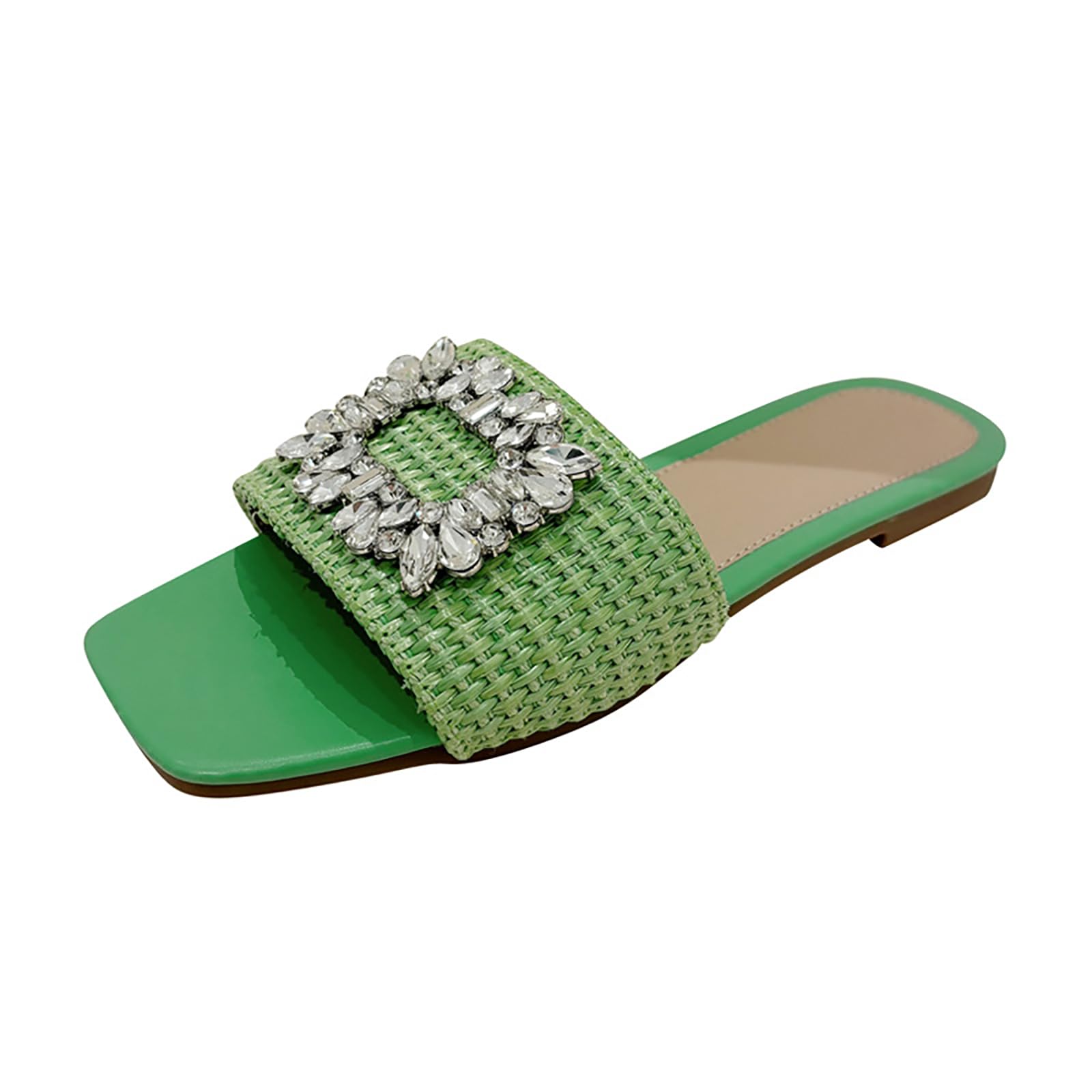 LVOMU Women's Rhinestones Weave Wide Width Flat Slides Sandals Fashion Comfortable Open Toe Slip On Summer Walking Slippers for Indoor Outdoor Beach