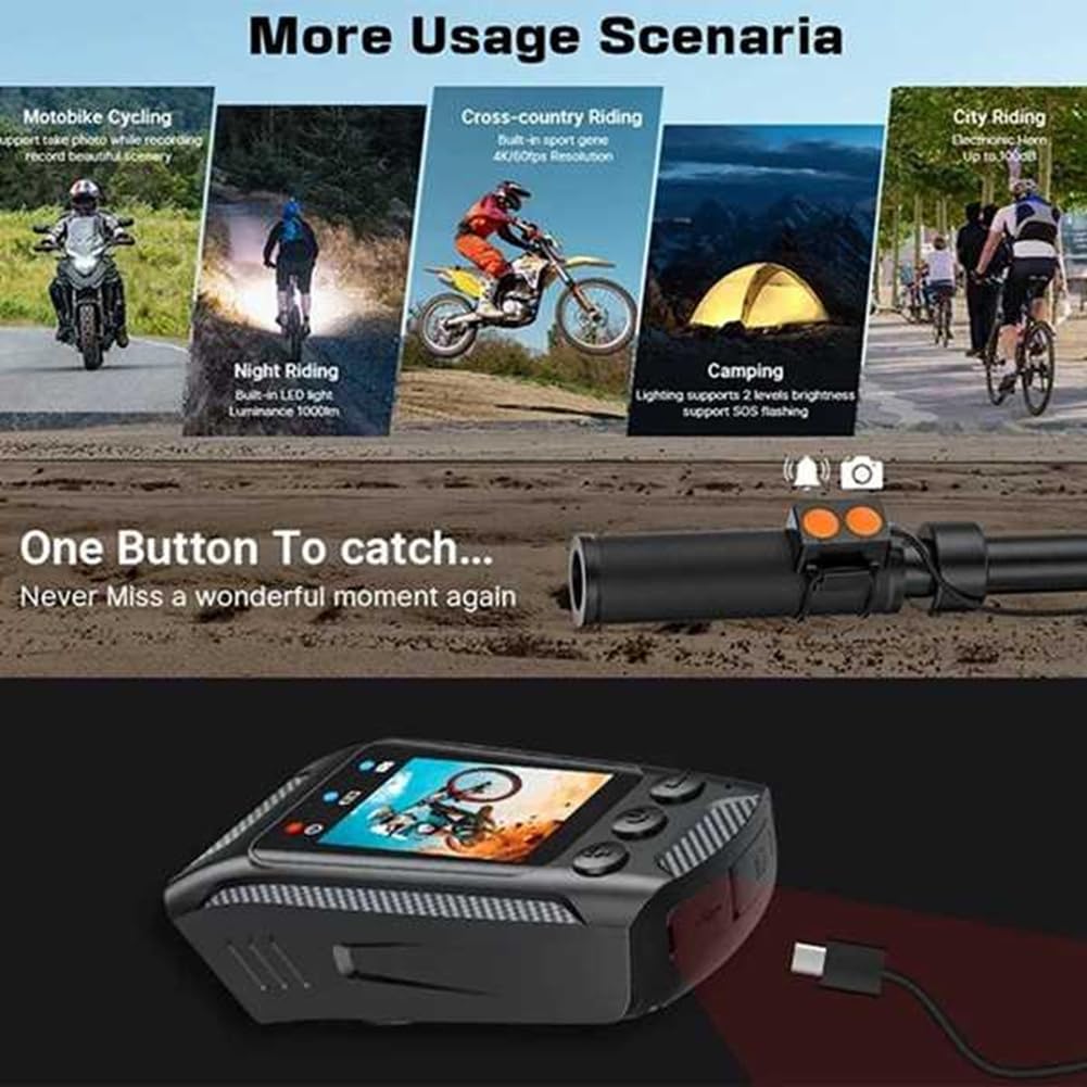 4K 60FPS Multifunktionale Fahrradkamera Regenfest 2,0 IPS Bildschirm WiFi Verbindung mit LED Taschenlampe Fahrradhupe