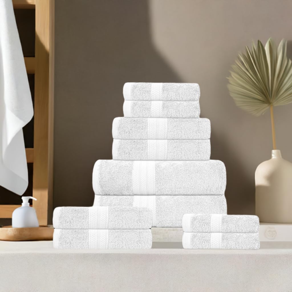 100% Cotton Quick-Dry Bath Sheet 90x170 cm,Bath Towel 70x140 cm,Face Towel 30x30 cm,Hand Towel 40x66 cm, Fingertip Towel 30x45 cm Hotel Spa Bathroom (White, Pack Of 10 Towel Bale Set)