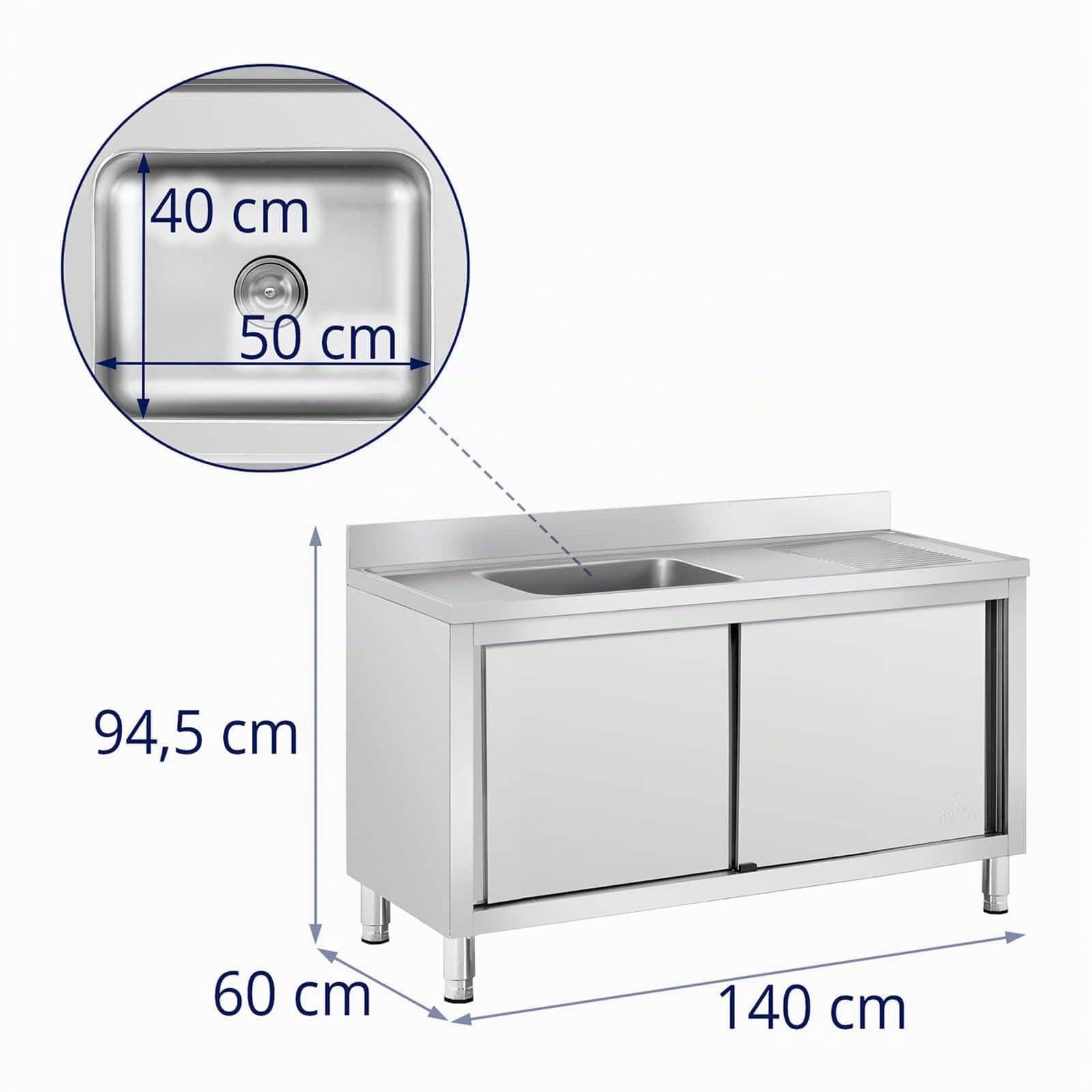 Royal Catering RC-IKS05 Plonge En Inox Professionnelle Sur Meuble Bas Armoire Placard Avec Évier Acier Inoxydable (1 bac : 500 x 400 x 240 mm, Hauteur du dosseret : 100 mm, Pieds Réglables)