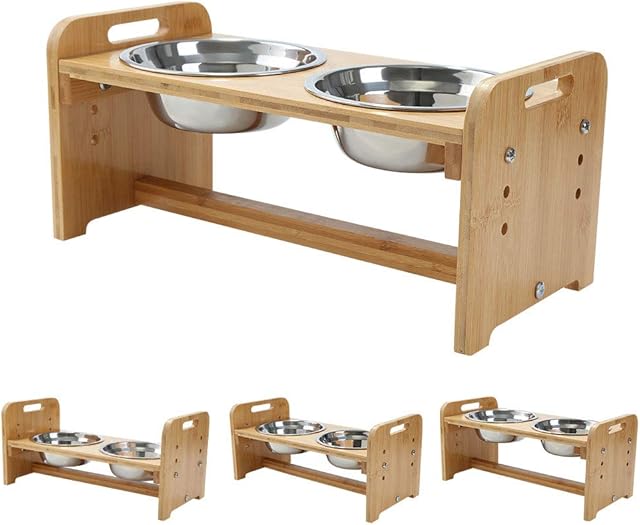YY FOREYY Adjustable Raised Pet Stand for Cats and Dogs with 4 Bowls, Bamboo Elevated Dog Cat Food and Water Bowls Stand Feeder with 4 Stainless Steel Bowls and Anti Slip Feet(Small)
