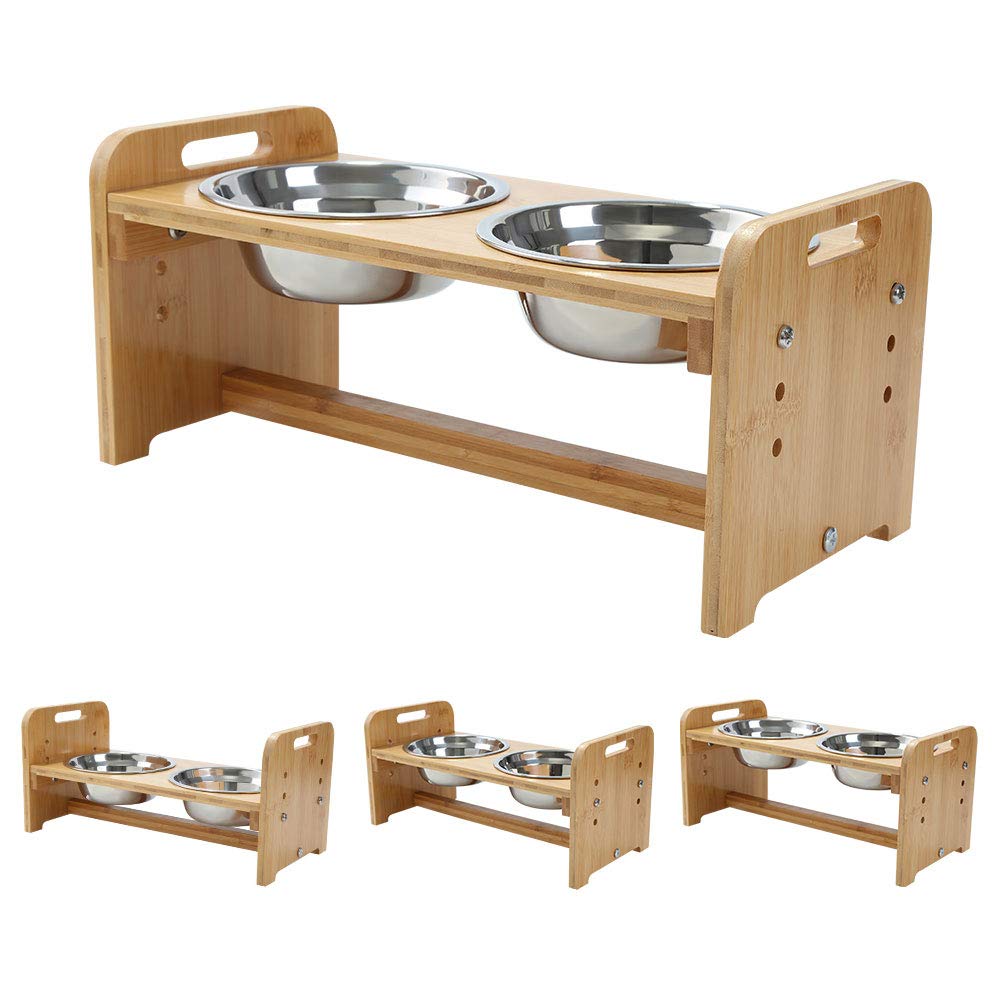 YY FOREYY Soporte Ajustable con 4 Cuencos de Acero Inoxidable para Mascotas, comedero Elevado de bambú para Perros y Gatos y comedero para Agua (Pequeño)