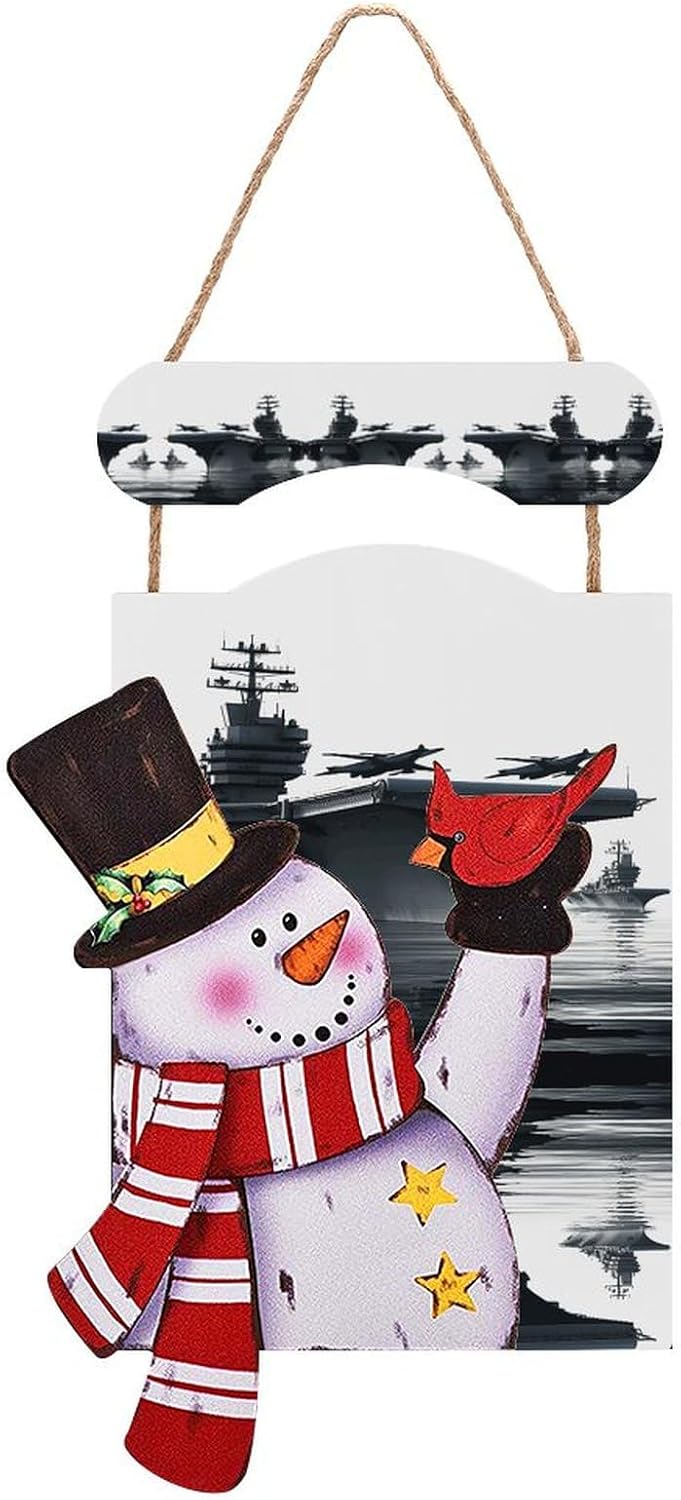 DWVTSLH Wooden Hanging Paintings Aircraft Carrier Printed Christmas Wooden Hanging Paintings Snowman Wooden Hanging Paintings Christmas Decoration Suitable for The Front Porch Indoor And Outdoor Home