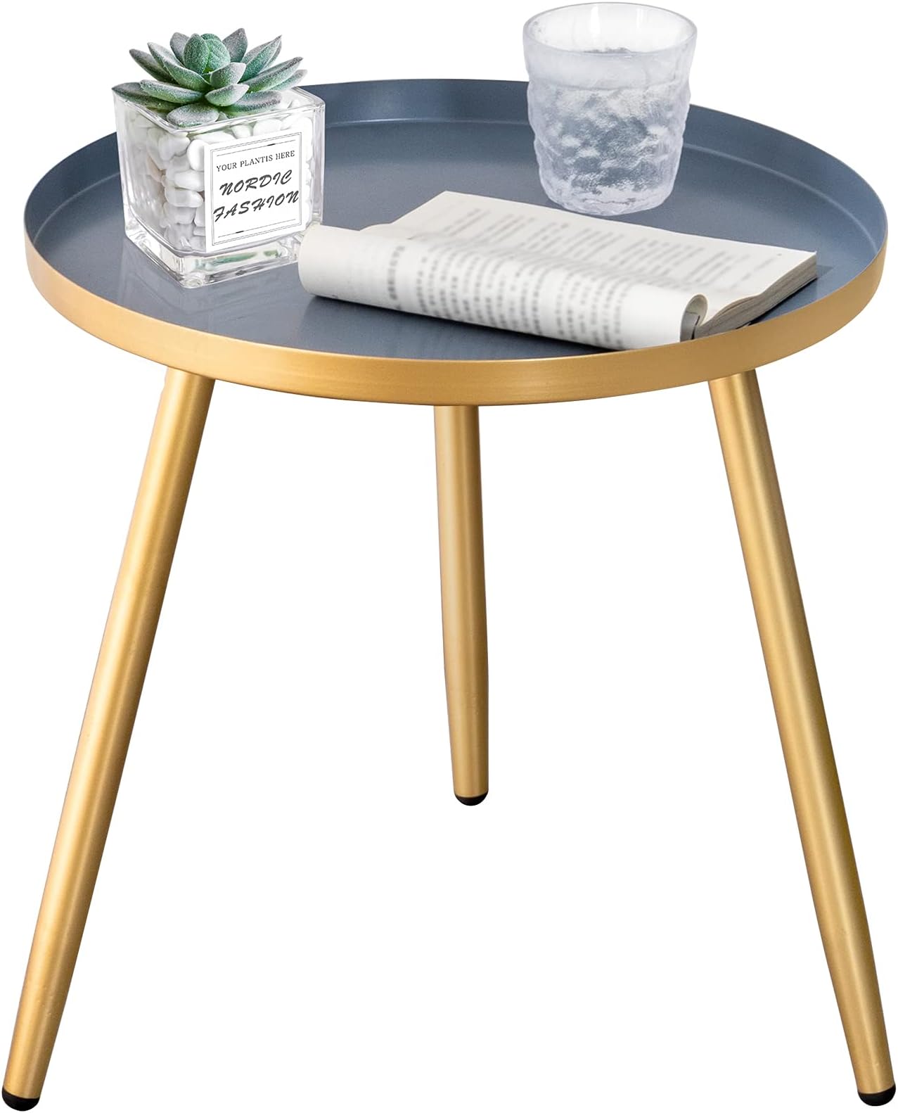 FUNME Tray Metal Round Side End Table Gold Accent Coffee Table for Living Room Bedroom Indoor or Outdoor (Gold Grey)