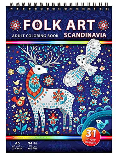 Folk Art. Scandinavia. An adult travel size coloring book on thick artist paper with a spiral binding on the top