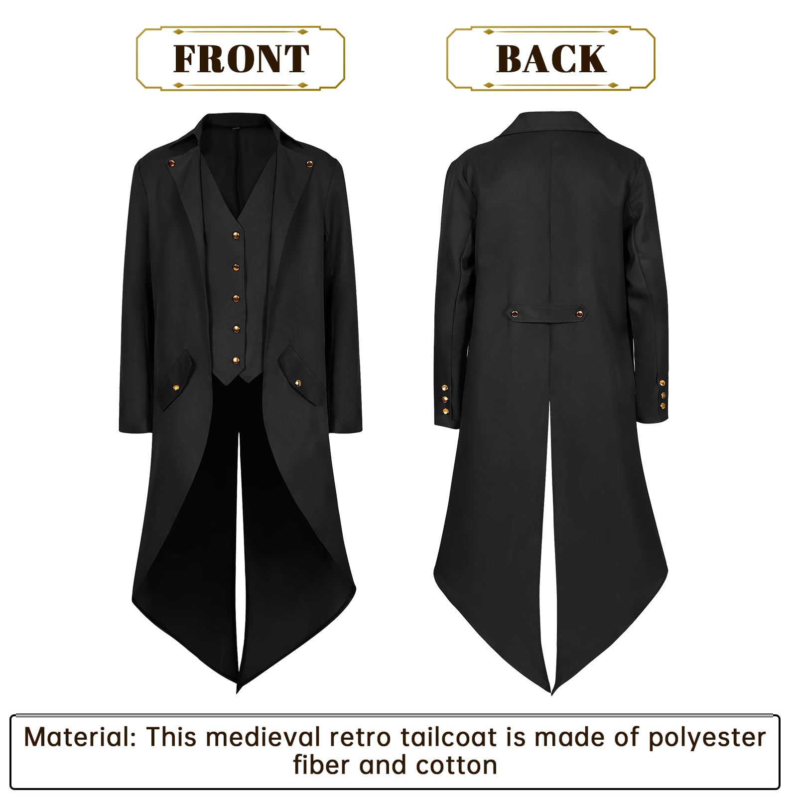 QEKFDOV Men's Steampunk Tailcoat,Medieval Gothic Victorian Frock Coat,Vintage Tailcoat Jacket Halloween Cosplay Costume (black, 3XL) - Image 4