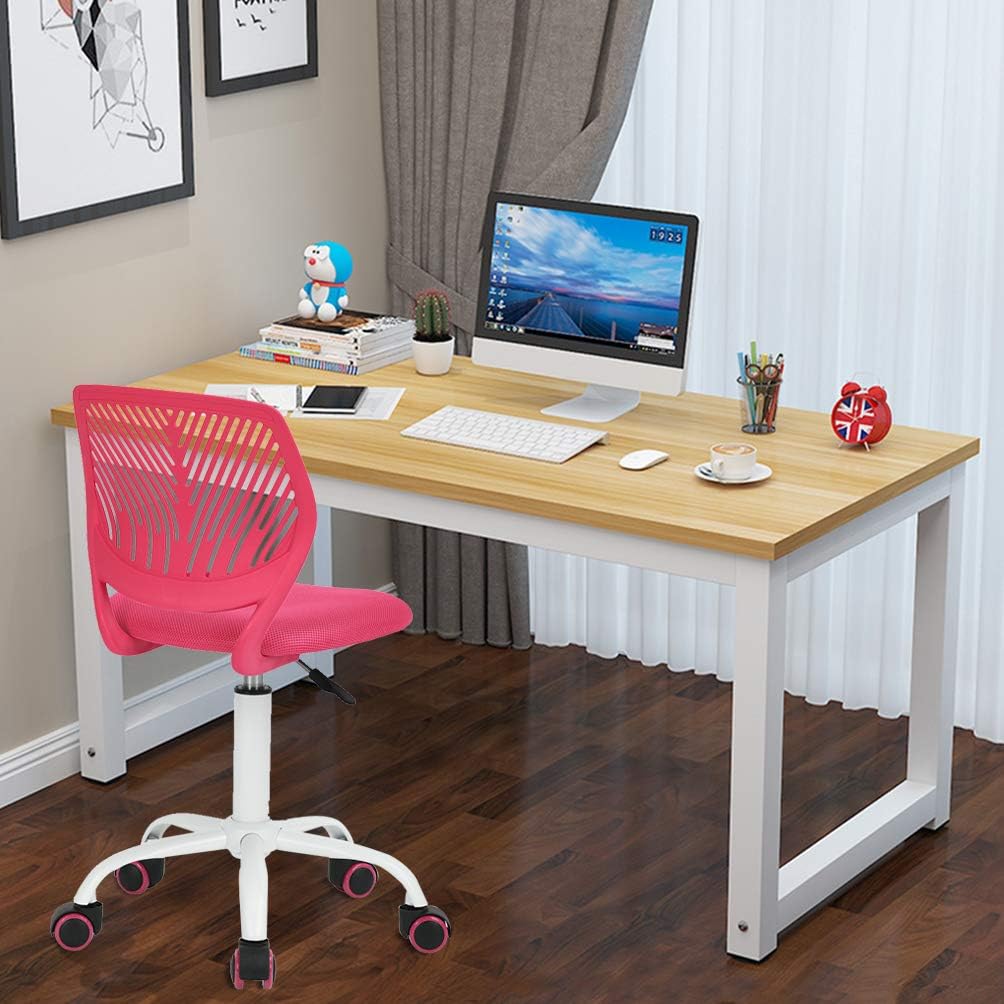 FurnitureR Teens Girls Task Chair 360 Swivel, Low Mid PP Mesh Back Fabric Seat, Height Adjustable, Rolling Castor, W15.7inces x D15.2inces x H29.5-34.2inches (Pink)
