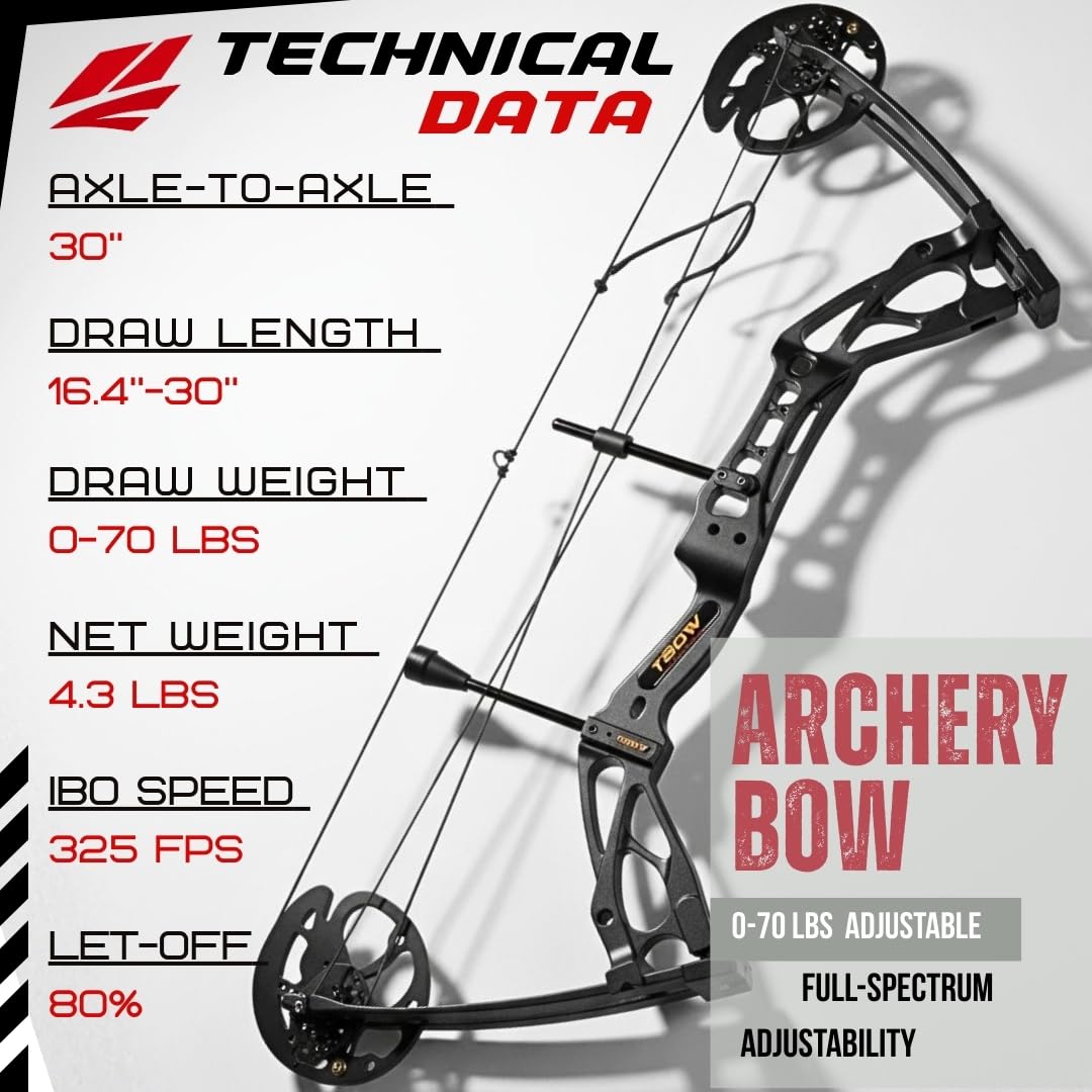 Compoundbogen Set 0-70lbs Verstellbarer Rechtshänder Bogen - 325 FPS IBO Geschwindigkeit - Komplettes Archery-Set mit Pfeilen, Koffer und Zubehör