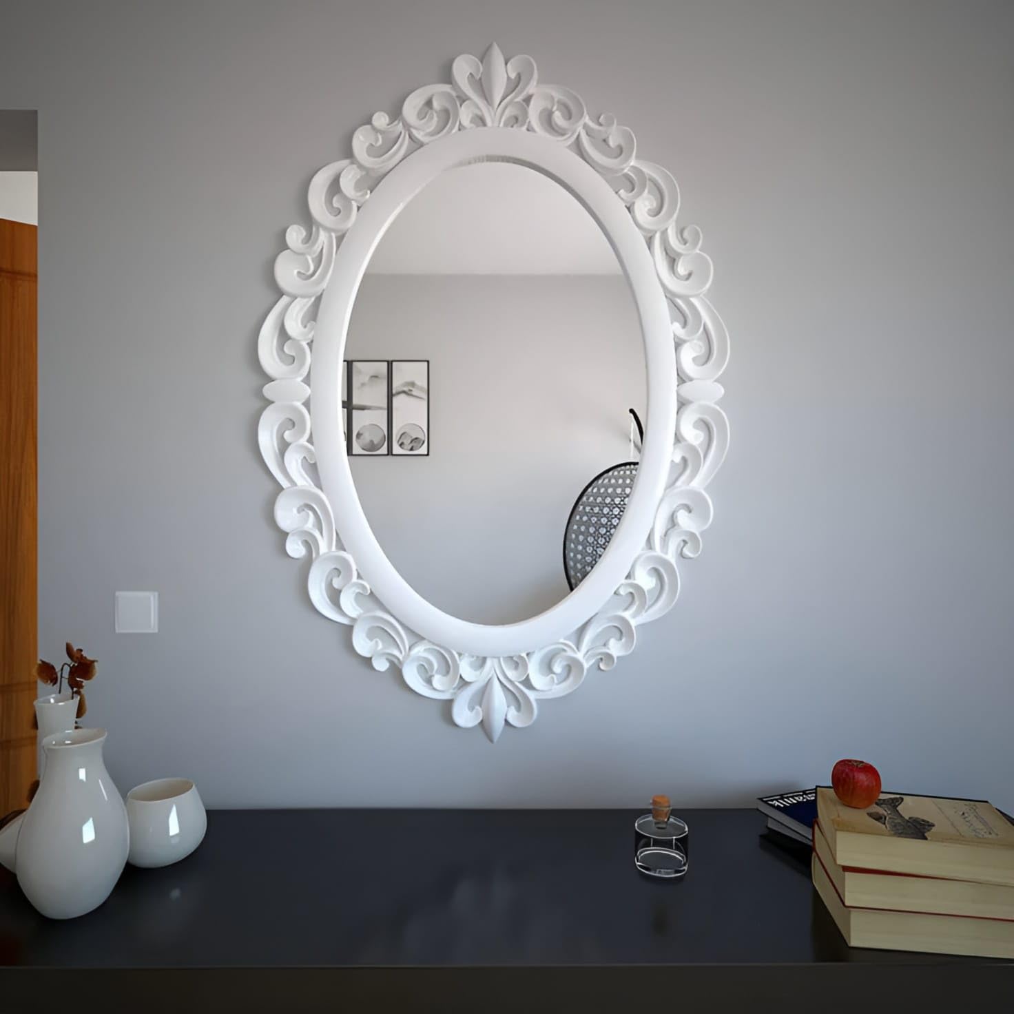 AFFIZU HANDICRAFTS Wall Hanging Wooden Mirror Frame for Home Decoration, Hand Carving Oval Shape Design, Wooden Frame, White Color, 36x24 Inch Without Mirror-image-6