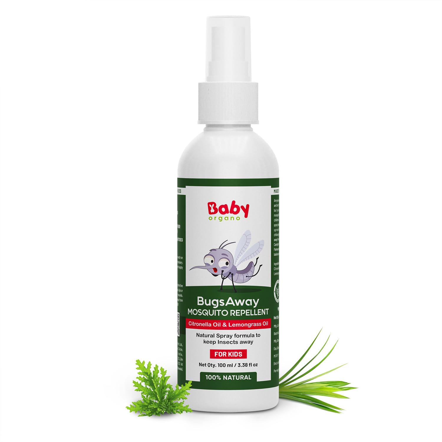 Babyorgano Mosquito Repellent Spray for Babies | 100% Protection from Mosquitoes, Fleas & Ants | With Natural Citronella, Eucalyptus & Lemongrass Oil Free from DEET | 6+ months | 100ml