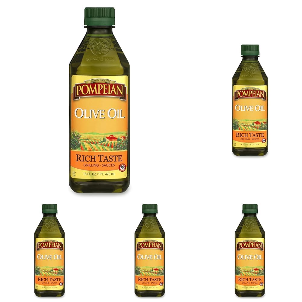 Pompeian Rich Taste Olive Oil, High Heat Cooking, Baking & Sauteing, High Smoke Point, 16 Fl Oz (Pack of 5)