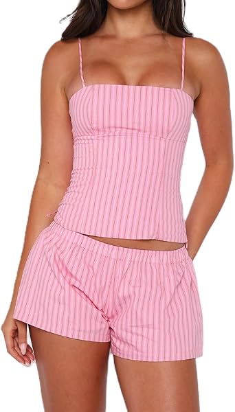 SOLILOQUY Womens Y2K Striped 2 Piece Outfits Spaghetti Strap Lace Up Back Cami Top + Elastic Waist Shorts Casual Lounge Set