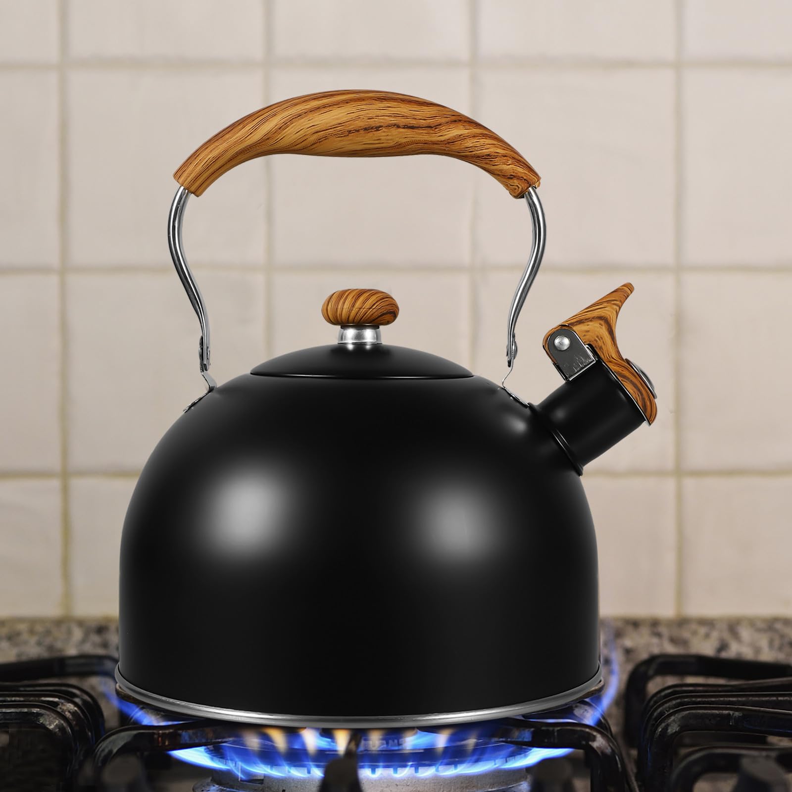 Outanaya Bollitore per Tè Domestico da 2.5l Manico in Legno, Acciaio Inossidabile, Riscaldamento Rapido e Fischio Automatico, Design Elegante per Cucina