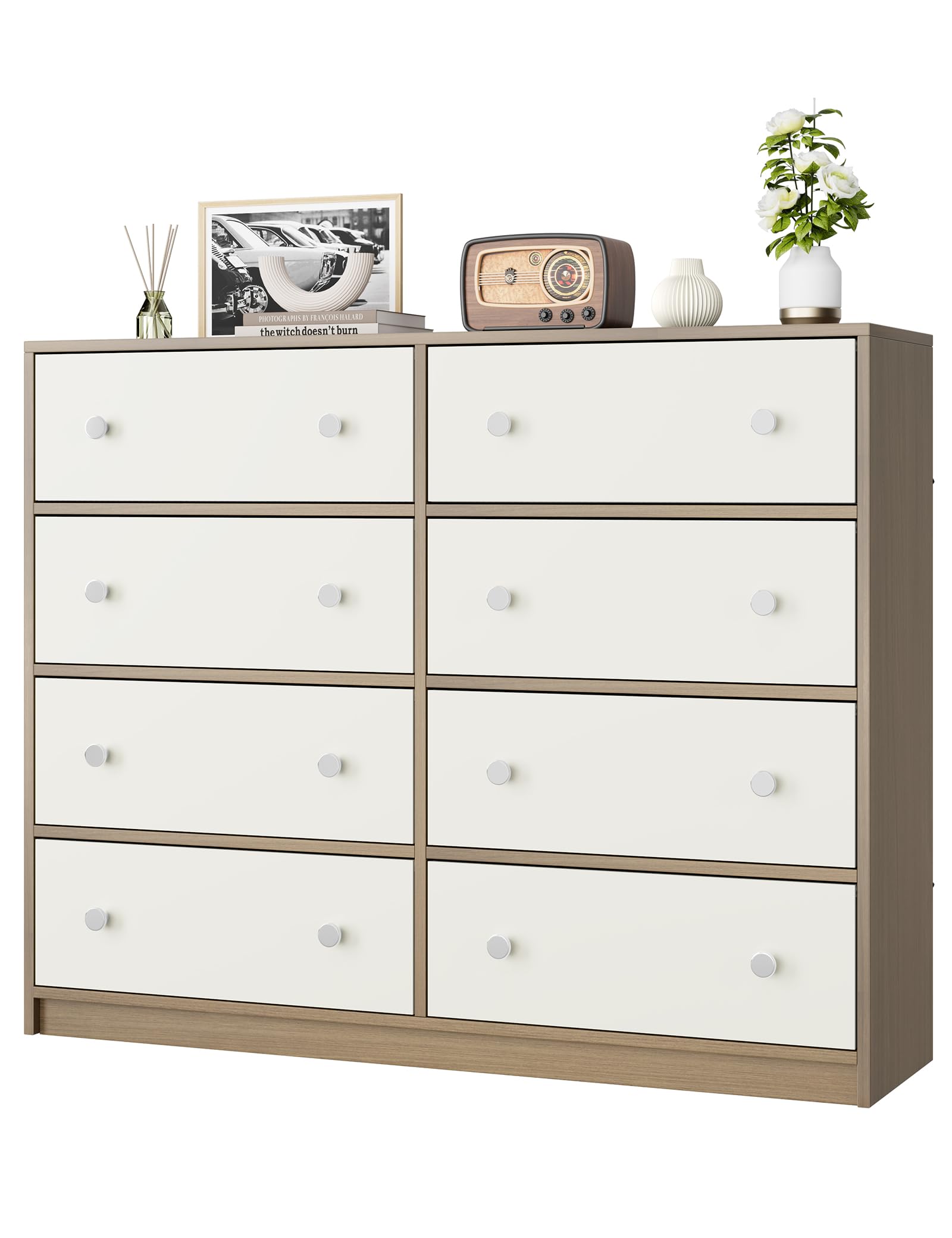 Nicehill 8 Drawer Chest, Wooden Frame & Retro Handles, Tall Chest for Bedroom, Living Room, Hallway, Entryway, Gray/White/Light Wood Grain