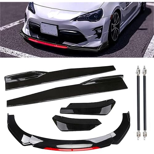 Black & Red 69"-73" Adjustable Universal Car Front Bumper Lip Spoiler Diffuser Body Kits + 29" Car Side Skirt Extension Rocker Panel Body Kit+ 14" Car Rear Bumper Lip Compatible Most Vehicle
