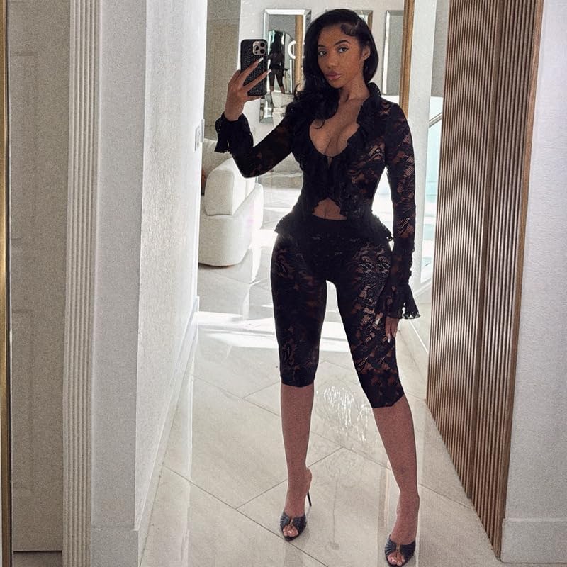 Molilove Lace 2 Piece Outfits for Women Sexy See Through Long Sleeve Top and Bodycon Pants Set Stretch Party Clubwear - Image 5