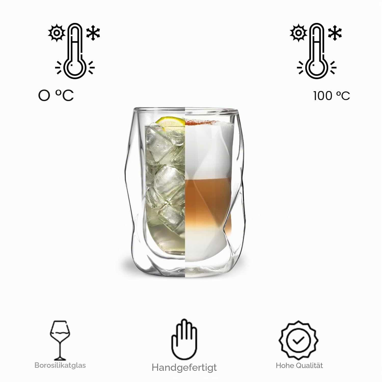 Vialli Design Set 2 x Thermogläser Doppelwandig 350 ml, Gläser für Latte Macchiato, Cappuccino, Geo Kollektion, Latte Tassen, Kaffeetassen, Kaffeegläser, Hitzebeständiges Glas, Transparente