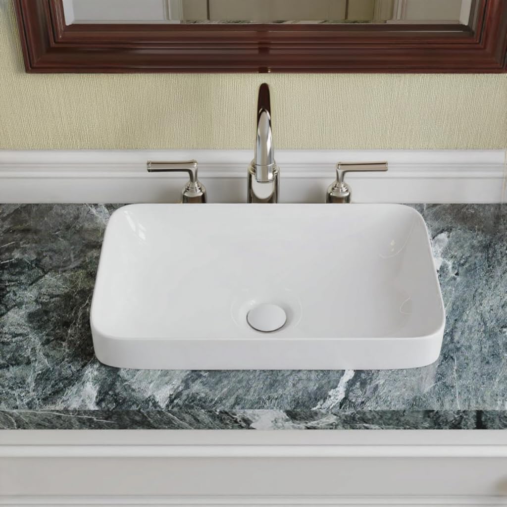 Bathroom Sink 19"x12", White Rectangular Semi-Recessed Vessel Sink, Ceramic Basin, Easy Install Above-Counter Bathroom Sink, Durable and Easy to Clean Vanity Sink