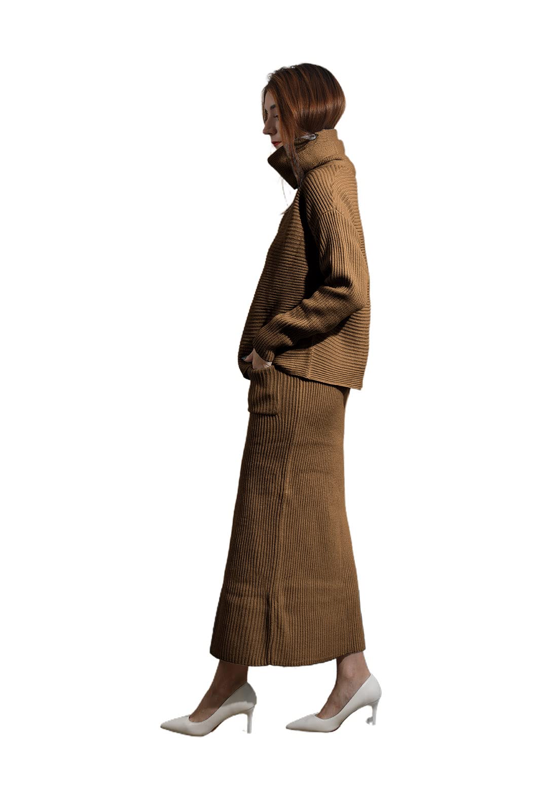 utcoco Damskie swetry 2-częściowe stroje z długim rękawem dzianinowy sweter i długa spódnica zestawy swetrów