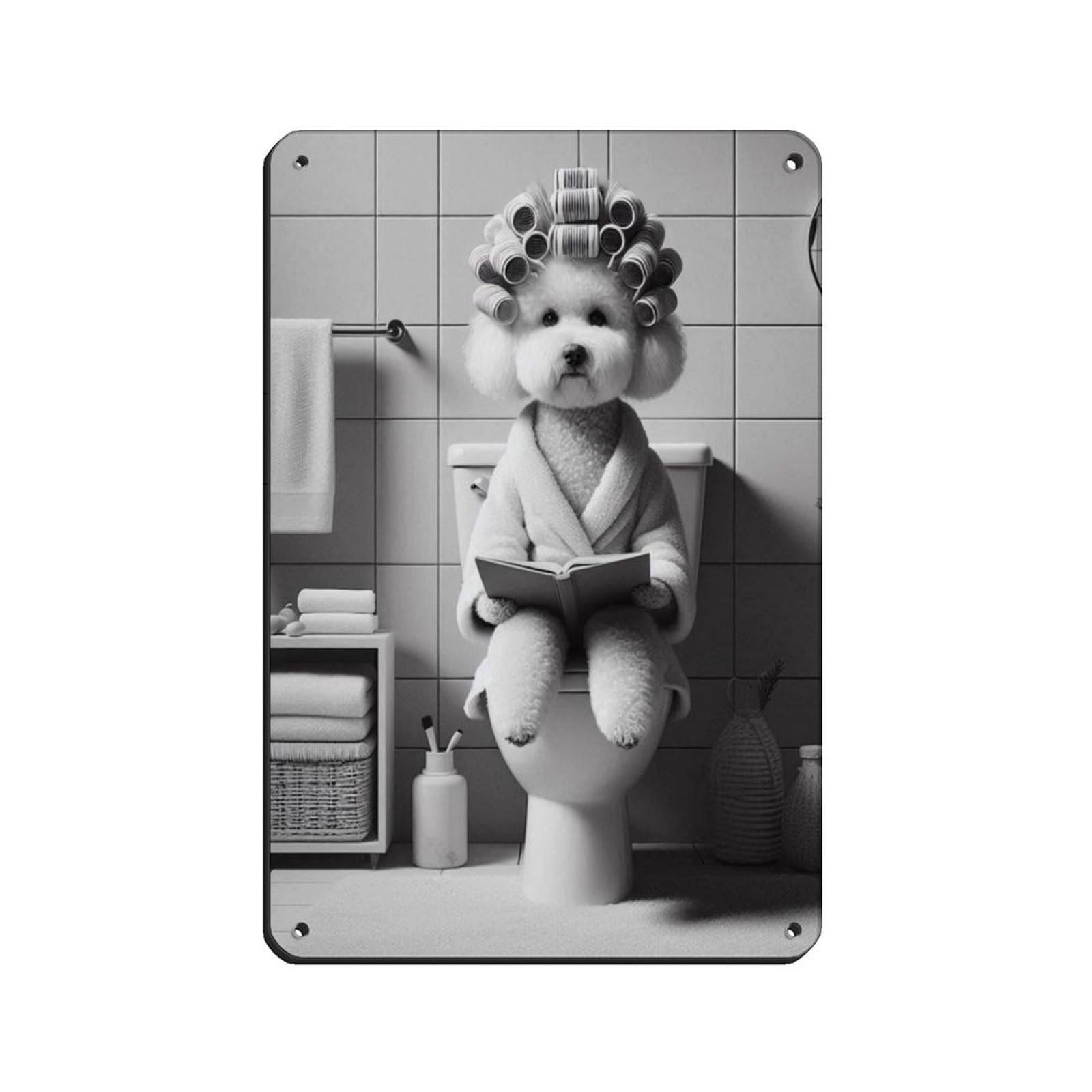 Bichon Frise on Toilet Reading Book Tin Sign Vintage Metal Pub Club Cafe Bar Home Wall Art Decoration Poster Retro 8x12inch(20x30cm)